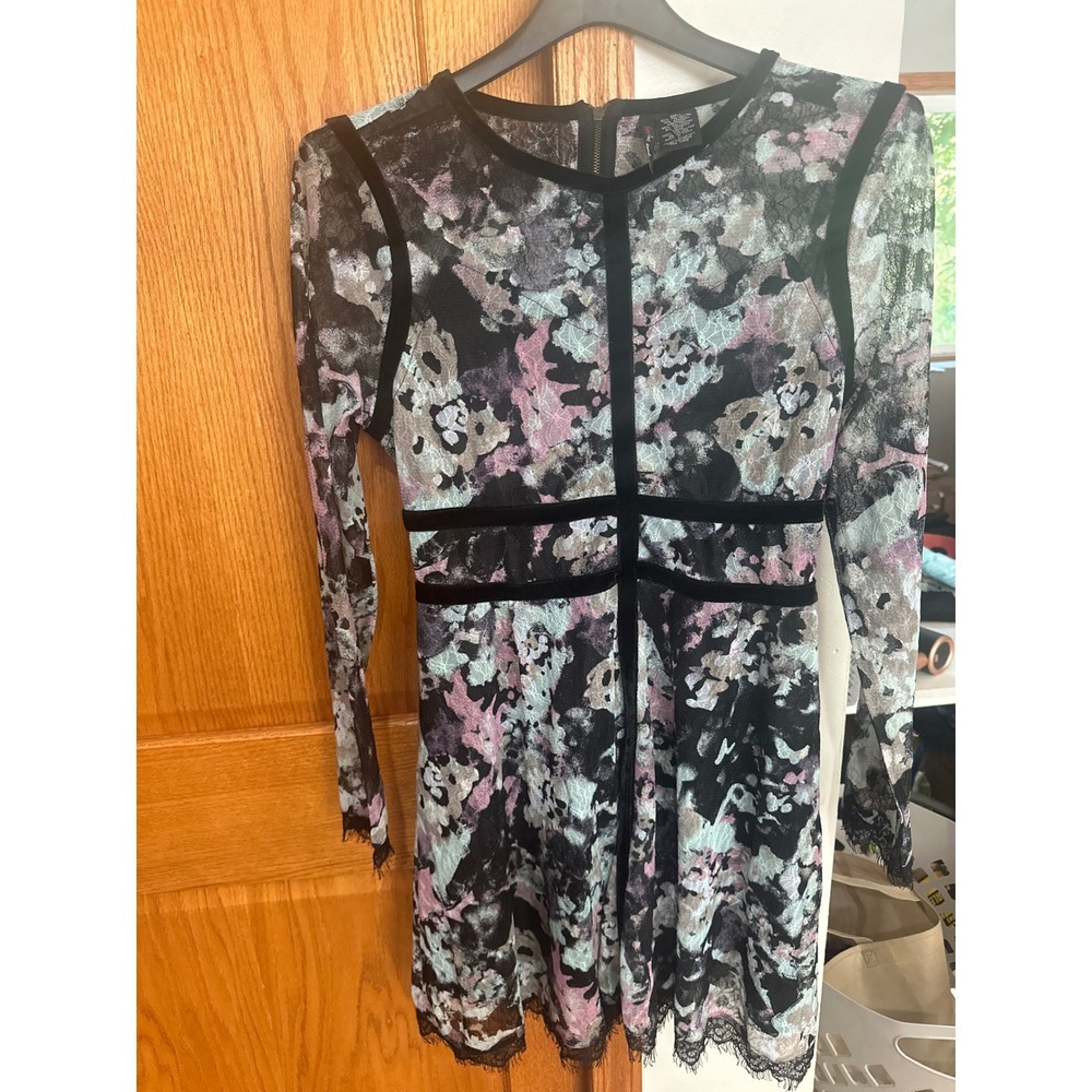 Fire Los Angeles Floral Lace Mini Dress Long Sleeve Velvet Trim Whimsygoth